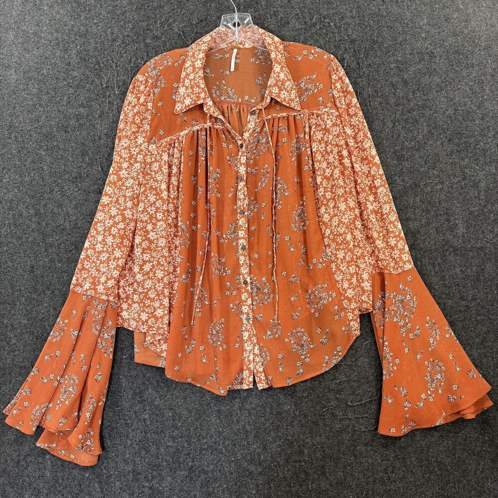 Free People Serena Blouse Women's Large Orange Floral Button Bell Sleeve Boho